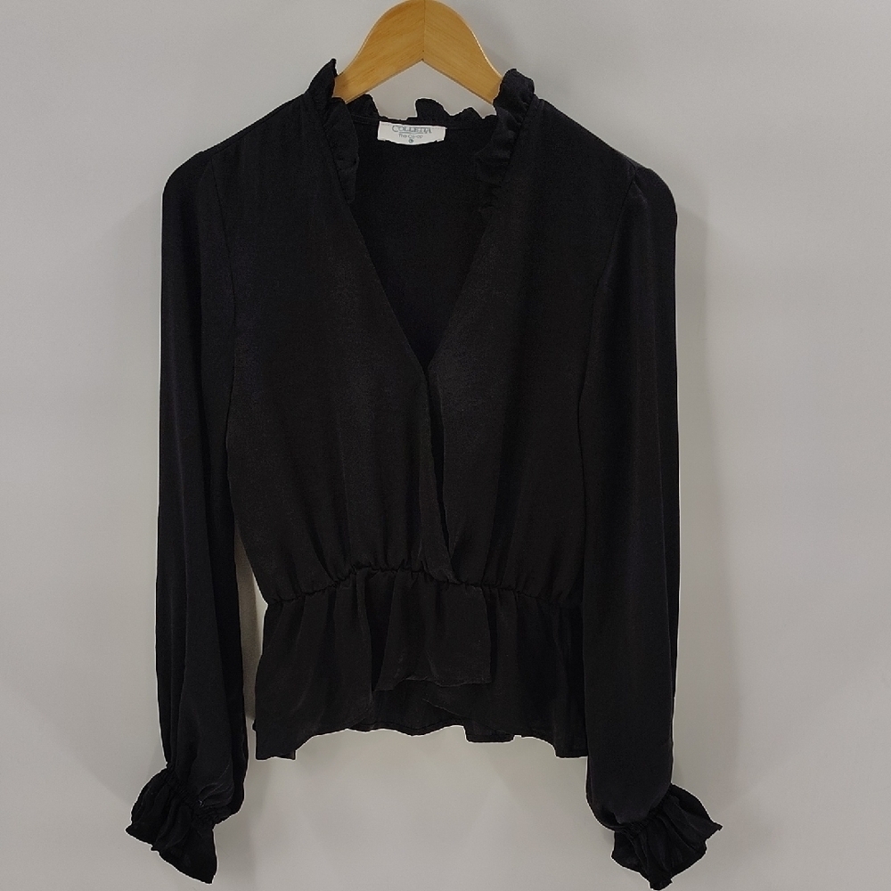 Colletta Blouse Size Large Black Long Sleeve With Cuff Lightweight Snap Front